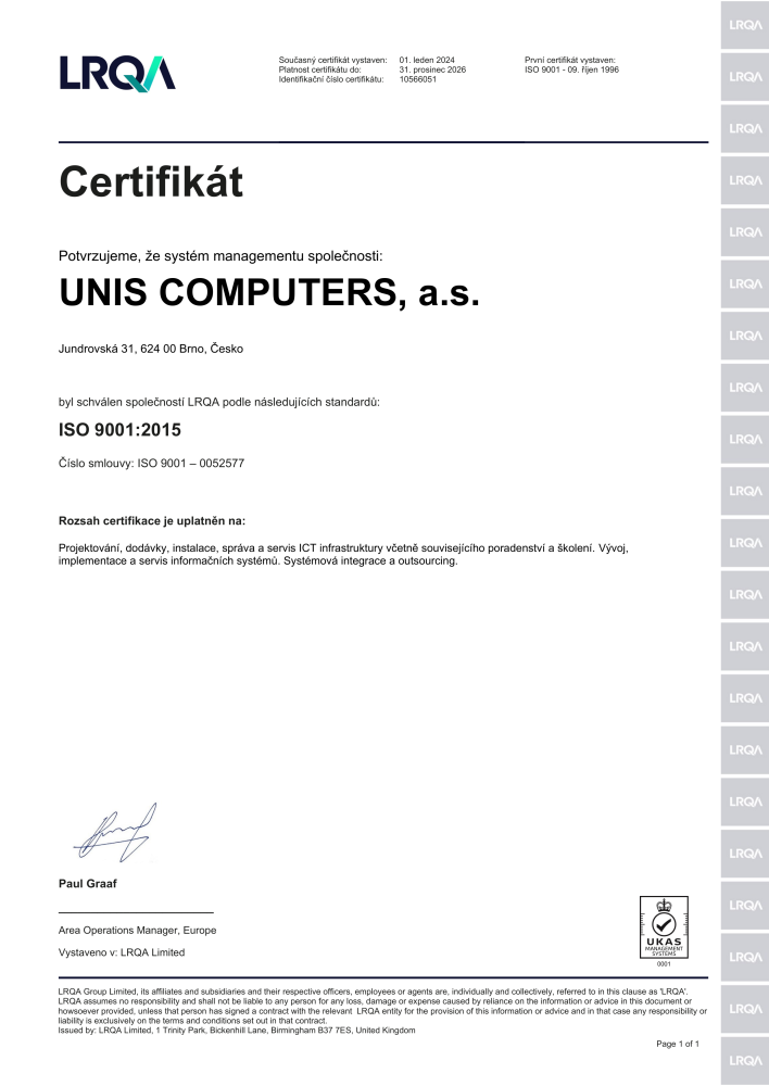 certifikace ISO 9001 1996 CZ